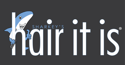 logo for sharkey's hair it is company